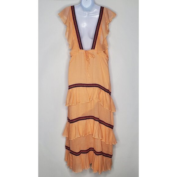 Pitusa Womens Eva Summer Ruffled Maxi Dress Peach Embroidered Trim Lounge Boho - Picture 3 of 8